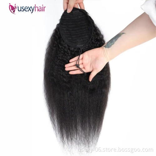 Wholesale 100 Raw Cuticle Aligned Hair Extension Kinky Straight Drawstring Elastic Band Human Hair Ponytails
